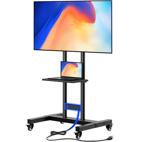 Greenstell TV Stand with Power Outlet, Mobile TV Cart on Wheels for 32-85 inch LED LCD Flat Curved Panel Screen TVs, up to 132lbs, Height Adjustable Rolling TV Stand with AV Shelf, Max VESA 600x400mm GREENSTELL