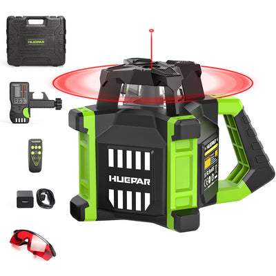 Huepar Electronic Self-Leveling Rotary Red Laser Level Kit - 360 Horizontal Laser Beam Interior/Exterior Rotating Laser Level Tool with Receiver, Protective Glasses, Li-ion Battery, Hard Case RL300HR