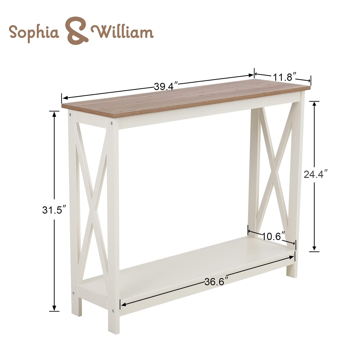 Sophia & William Console Table with Storage Shelf, 2 Tier Farmhouse Sofa Table for Entryway, Hallway, Living Room, Ivory+Oak