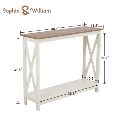 Sophia & William Console Table with Storage Shelf, 2 Tier Farmhouse Sofa Table for Entryway, Hallway, Living Room, Ivory+Oak