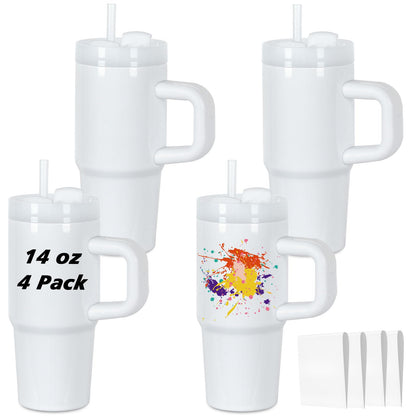 Muwnrol 4 Pack 14 Oz Sublimation Tumbler with Handle and Straw for Kids, Sublimation Tumbler Blanks Bulk, Stainless Steel Sublimation mugs, Individually Boxed