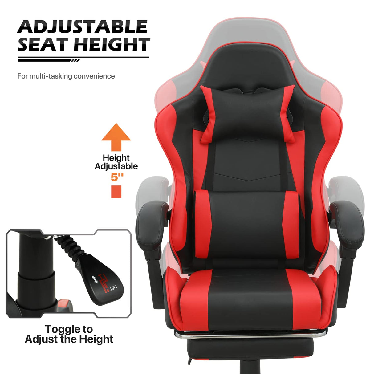 MoNiBloom Gaming Chair with Footrest High Back Video Game Chair with Headrest & Lumbar Support Height Adjustable Leather Swivel Computer Chair for Adult Teen Office or Gaming, Red MoNiBloom