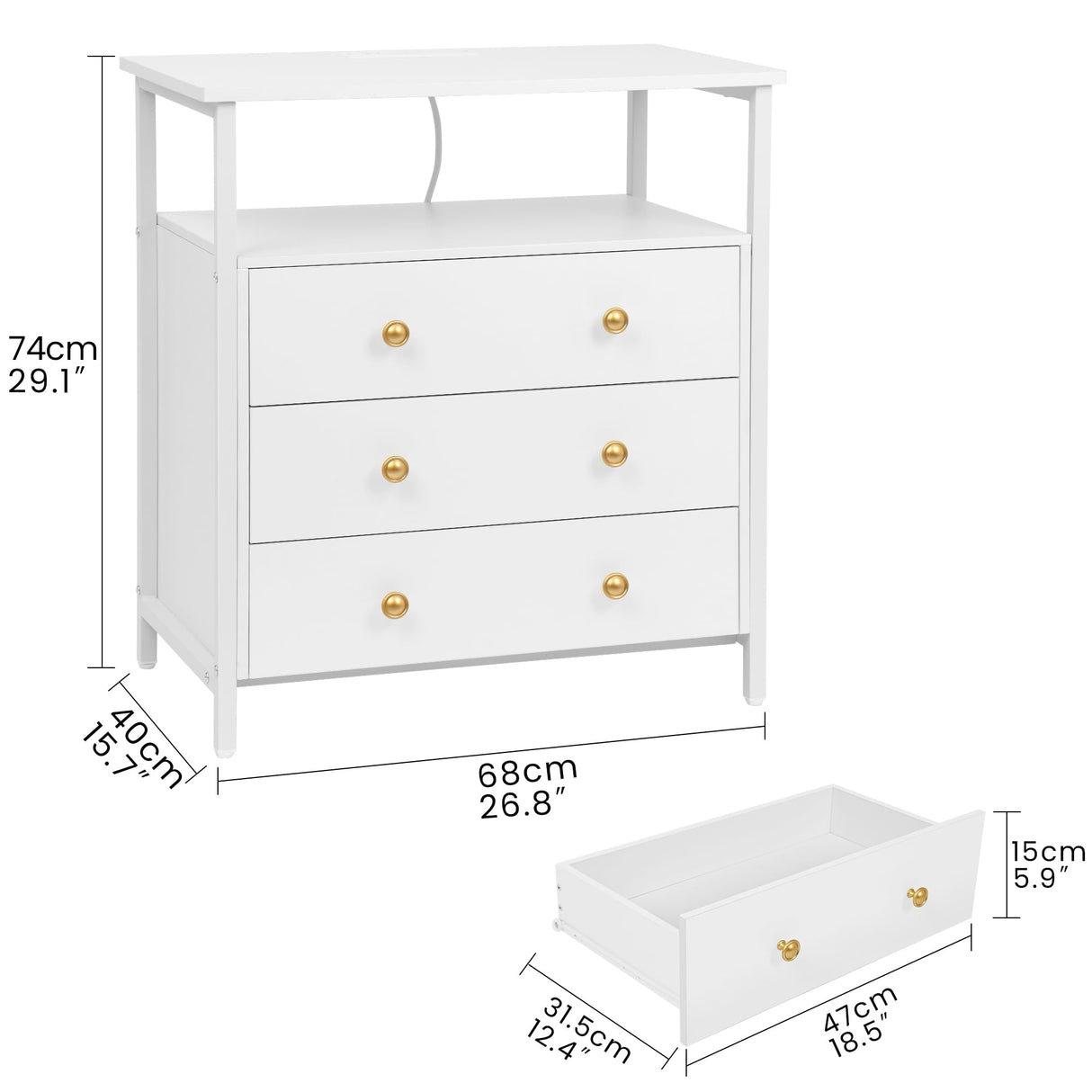 Edbuosy 3-Tier Wooden Drawer Nightstand, 27 inch Wide Night Stand Set 2 with Charging Station and Adjustable Drawers, Nightstand for Living Room/Bedroom, White. Edbuosy