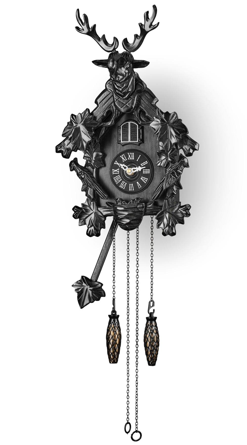 TIMEGEAR Cuckoo Clock with Automatic Night Mode, Quartz Movement and Carved Deer Head (Black) TIMEGEAR