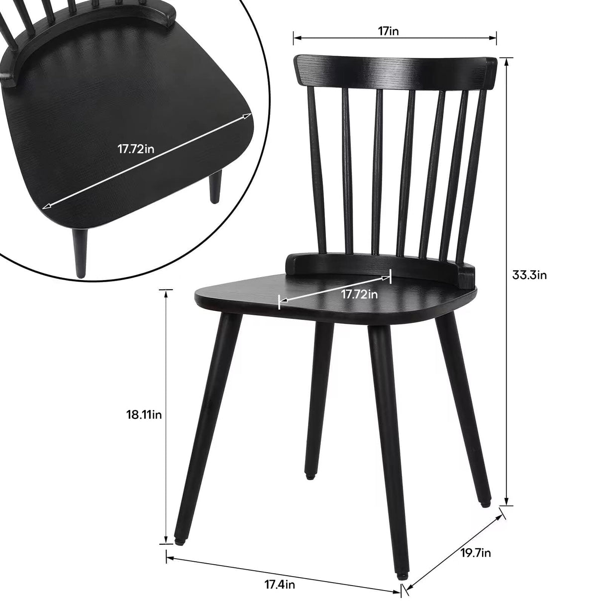 Bekrvio Windsor Chairs Set of 2, Black Farmhouse Spindle Back Dining Chairs with Wood Legs, Solid Wooden Armless Dining Room Chair for Kitchen Room, Living Room, Modern Mid-Century Country Style Bekrvio