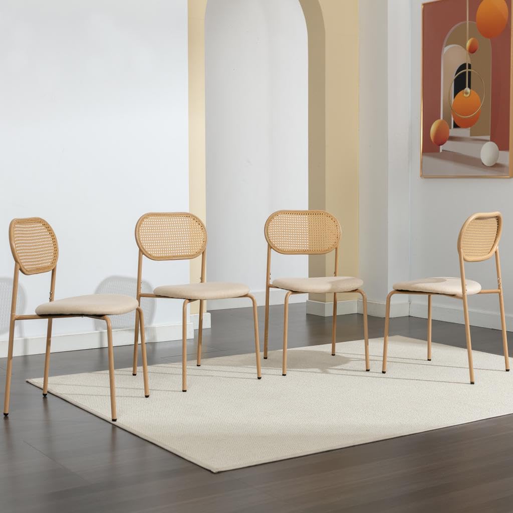 COSVALVE Boho Dining Chairs Set of 4 with Rattan Back, Upholstered Cane Seats, Metal Legs - Perfect for Dinner, Living Room, or Reception Area COSVALVE
