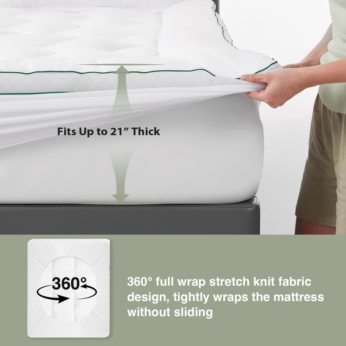 Novilla Full Mattress Topper, Extra Thick Pillow Top Mattress Pad with Down Alternative, Breathable Mattress Cover with for 8-21", Machine Washable Fitted Mattress Protector – Green-White Novilla