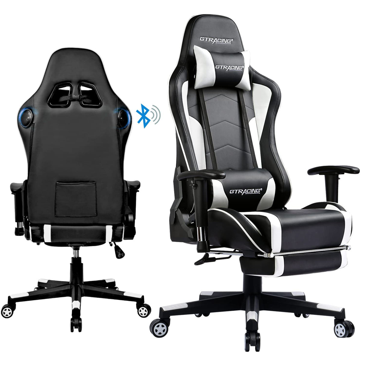 GTRACING Gaming Chair with Footrest Speakers Video Game Chair Bluetooth Music Heavy Duty Ergonomic Computer Office Desk Chair (White) GTRACING