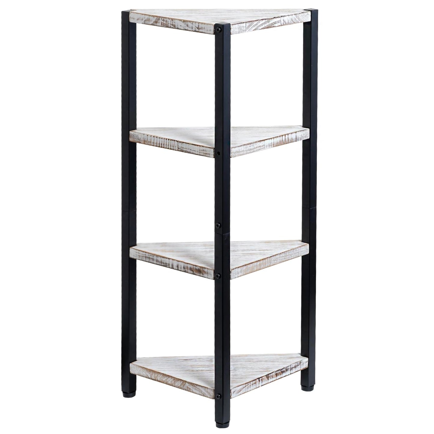 MyGift 4 Tier Shabby White Washed Solid Wood and Matte Black Metal Bathroom Corner Standing Shelf, Decorative Bath Storage Shelving Stand - WoodArtSupply