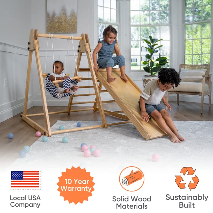 Avenlur 4-in-1 Juniper Indoor Play Gym - Jungle Gym Playset with Baby Swing, Slide, Ladder, and Climbing Wall - Foldable Wooden Playset - Indoor Jungle Gym for Kids Ages 18mo to 6yrs - WoodArtSupply