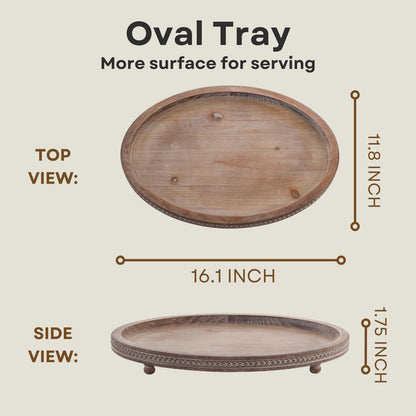 FESTWIND Decorative Tray, Oval Wooden Tray for Coffee Table Decor Kitchen Dinning Table Entryway, Small Beaded Tray for Holidays, Wood Tray Distressed Brown - WoodArtSupply