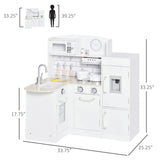 Qaba Kids Play Kitchen Set Pretend Wooden Cooking Toy Set with Drinking Fountain, Microwave, Fridge and Accessories for Age 3 Years, White Qaba