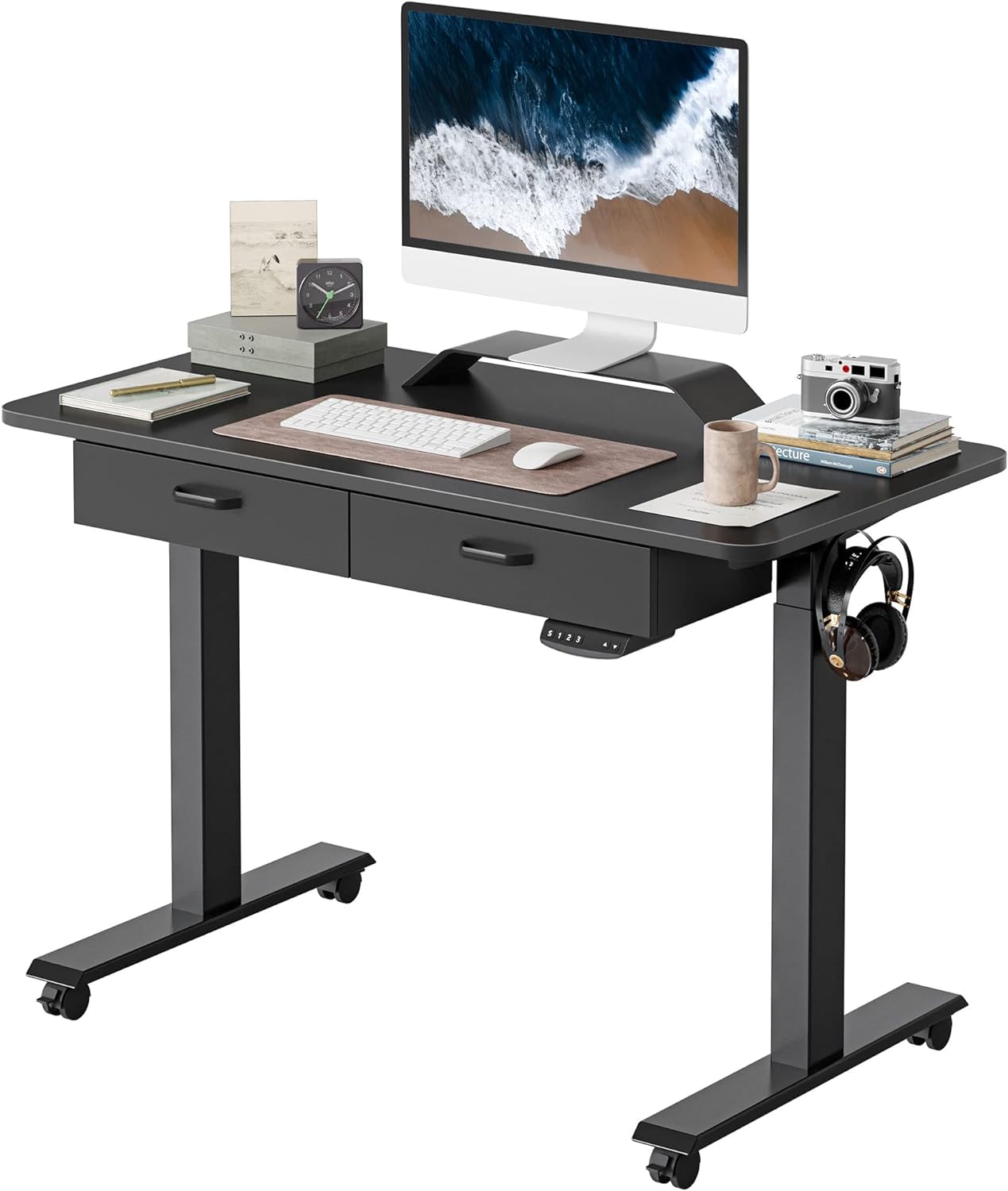 BANTI 48'' Adjustable Height Electric Standing Desk with Double Drawer, Stand Up Home Office Desk with Splice Tabletop, Black - WoodArtSupply