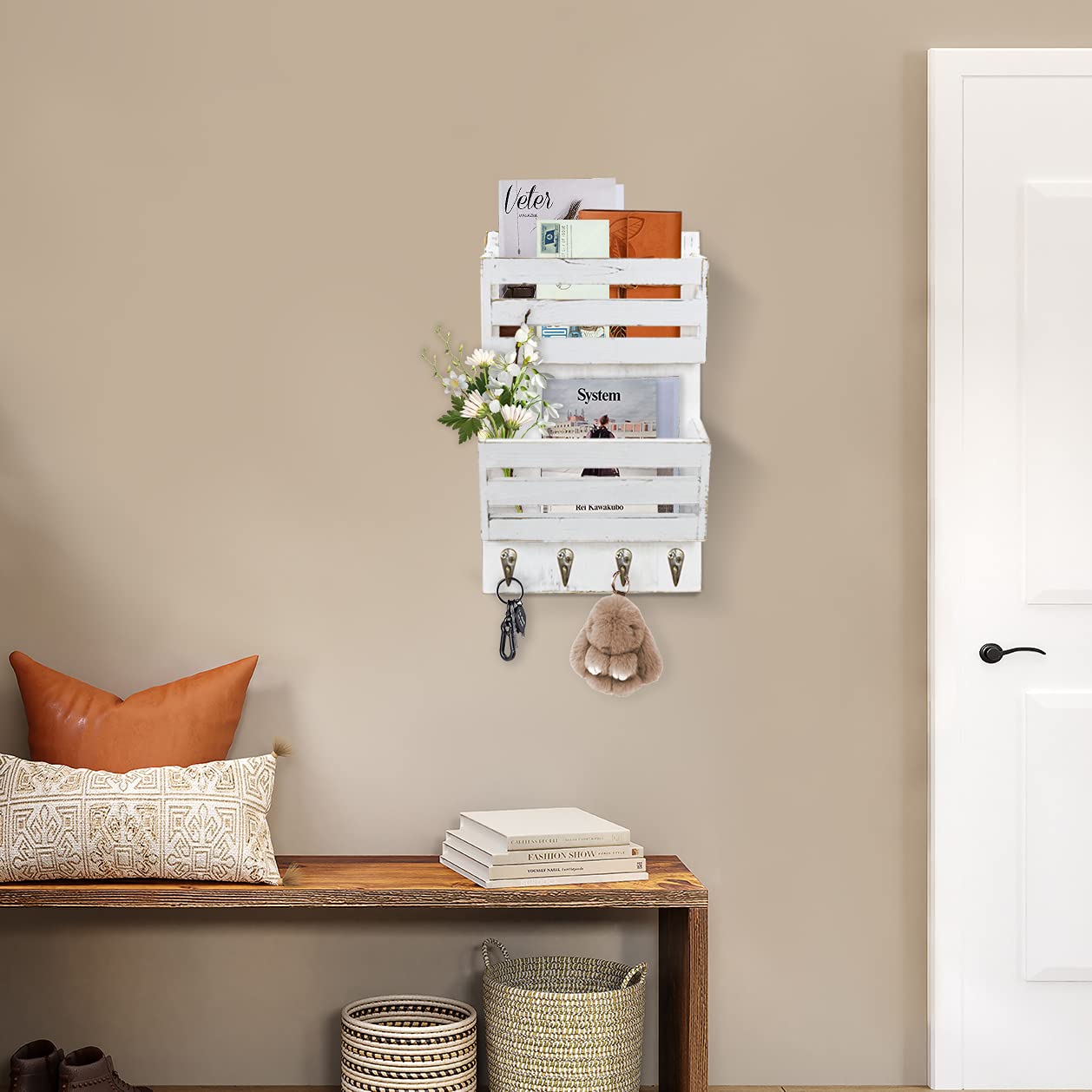 Unistyle Mail Holder with Key Hooks Mail Organizer Wall Mount Hanging Mail Organizer for Home,Office,Entryway,Mail Holder Wall Mounted for Letter, Magazines, Keys, Leashes