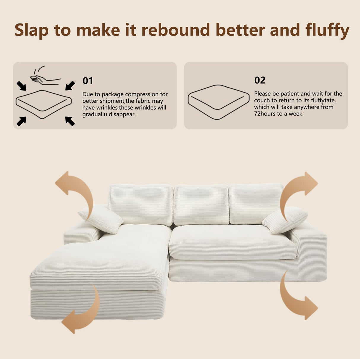 98.4" Cloud Modular Sectional Couch with Chaise,L-Shaped Modern Upholstered Sofa with Deep Seat,Corduroy Sectional Couches for Living Room and Bedroom,No Assembly Required(Beige) XSZD