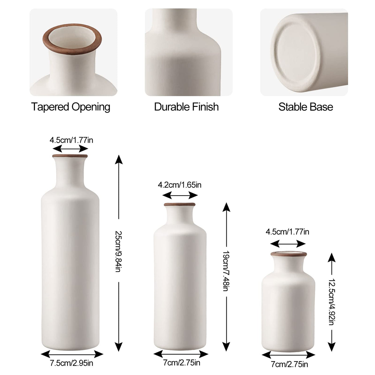 3Pcs Ceramic Vases, Rustic Decorative Flower Vases Set for Modern Farmhouse Decoration, Living Room Centerpieces and Events, Table, Bookshelf, Mantel and Entryway Decor (White) Gunlar