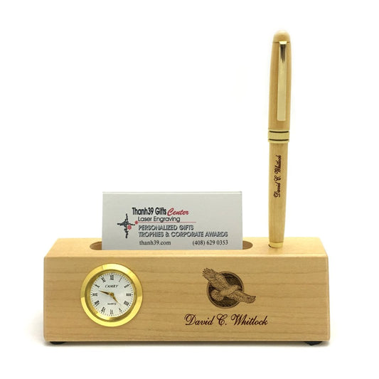 Personalized Solid Maple Wood Business Card Holder with Clock and Pen for Men - WoodArtSupply