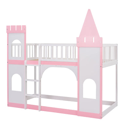 Merax Twin Size Loft Bed Low Bunk Bed, Castle Shaped Wood Bed Frames with Safety Guardrails for Boys or Girls, Pink