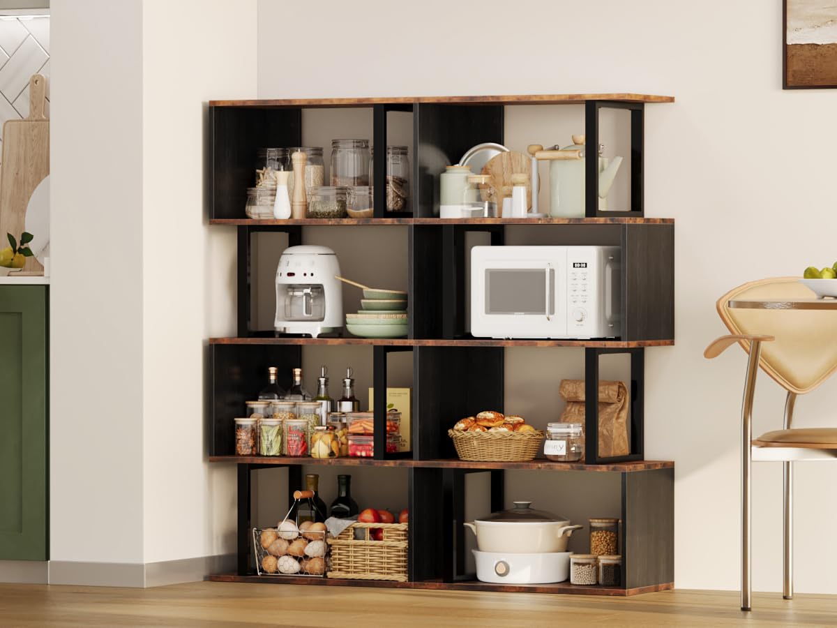 ALISENED 5 Tier Bookshelf, S Shaped Geometric Bookcase, Narrow Freestanding Display Shelves, Modern Wood Decorative Storage Rack for Bedroom, Living Room, Home Office, Black 5-Tier ALISENED