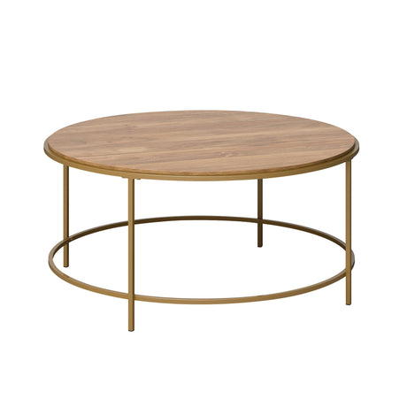 Sauder International Lux Coffee Table, Round Modern Coffee Table, Chic Satin Gold Frame - Sindoori Mango Finish Sauder