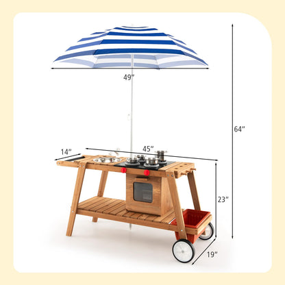 Costzon Mud Kitchen with Removable Umbrella, Wooden Play Kitchen with Wheels, Sink, Accessories, Toddler Backyard Role Play Cooking Cart, Outdoor Kids Kitchen Playset (Blue)