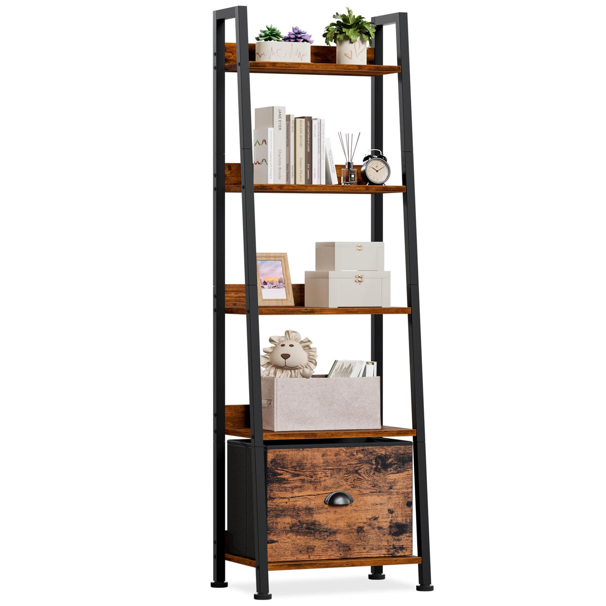 Furologee 5-Tier Ladder Shelf, Ladder Bookshelf with Removable Drawer, Rustic Bookcase Storage Rack Organizer, Wood Metal Freestanding Storage Shelf for Living Room, Home Office, Bedroom, Balcony Furologee
