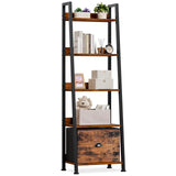 Furologee 5-Tier Ladder Shelf, Ladder Bookshelf with Removable Drawer, Rustic Bookcase Storage Rack Organizer, Wood Metal Freestanding Storage Shelf for Living Room, Home Office, Bedroom, Balcony Furologee