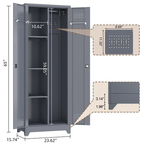 GREATMEET 65" Garage Storage Cabinet, Broom Closet Storage Cabinet, Metal Cabinets with Doors and Shelves, Utility Closet for Brooms and Mops, Utility Cabinets for Storage, Grey GREATMEET