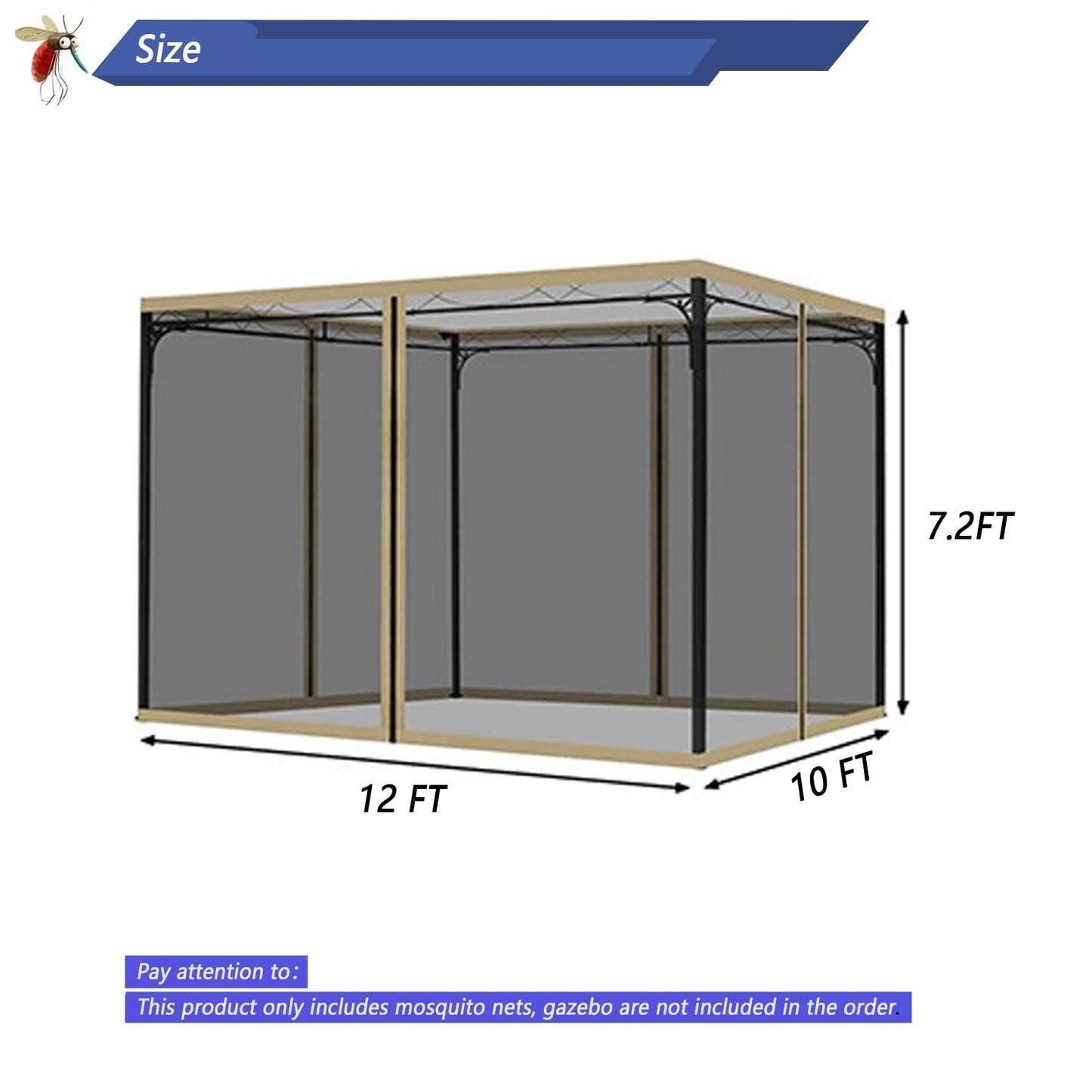 10x12 Gazebo Replacement Mosquito Netting, 4-Panel Sidewall Screen with Zipper Universal Black (10'x12')