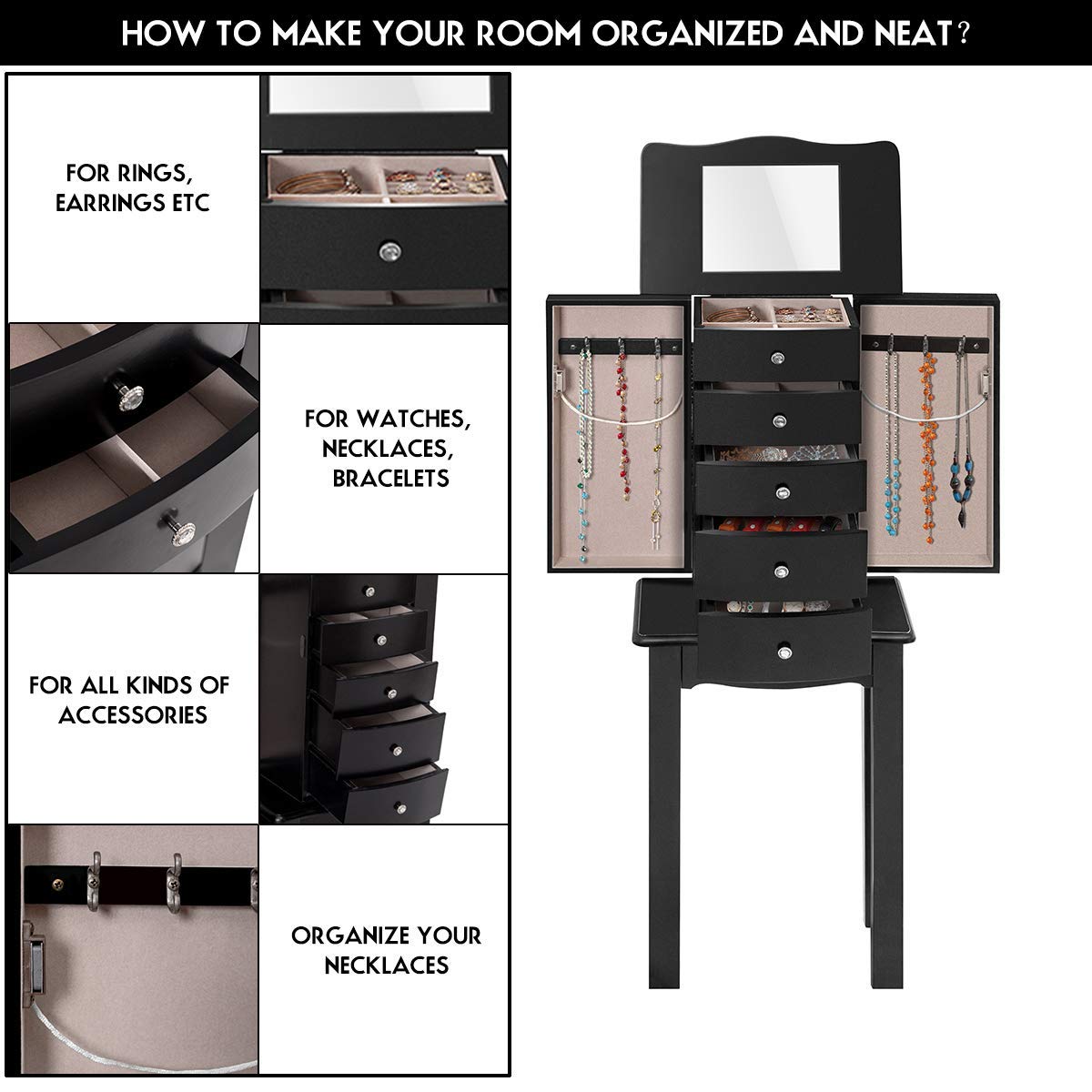 Giantex Jewelry Chest Armoire Cabinet Standing with Mirror, Wood Large Ring Necklace Storage Box Top Flip Makeup Mirror Classic 33" Tall Bedroom Armoires for Jewellery Cabinets Organizer w/ 5 Drawers Giantex