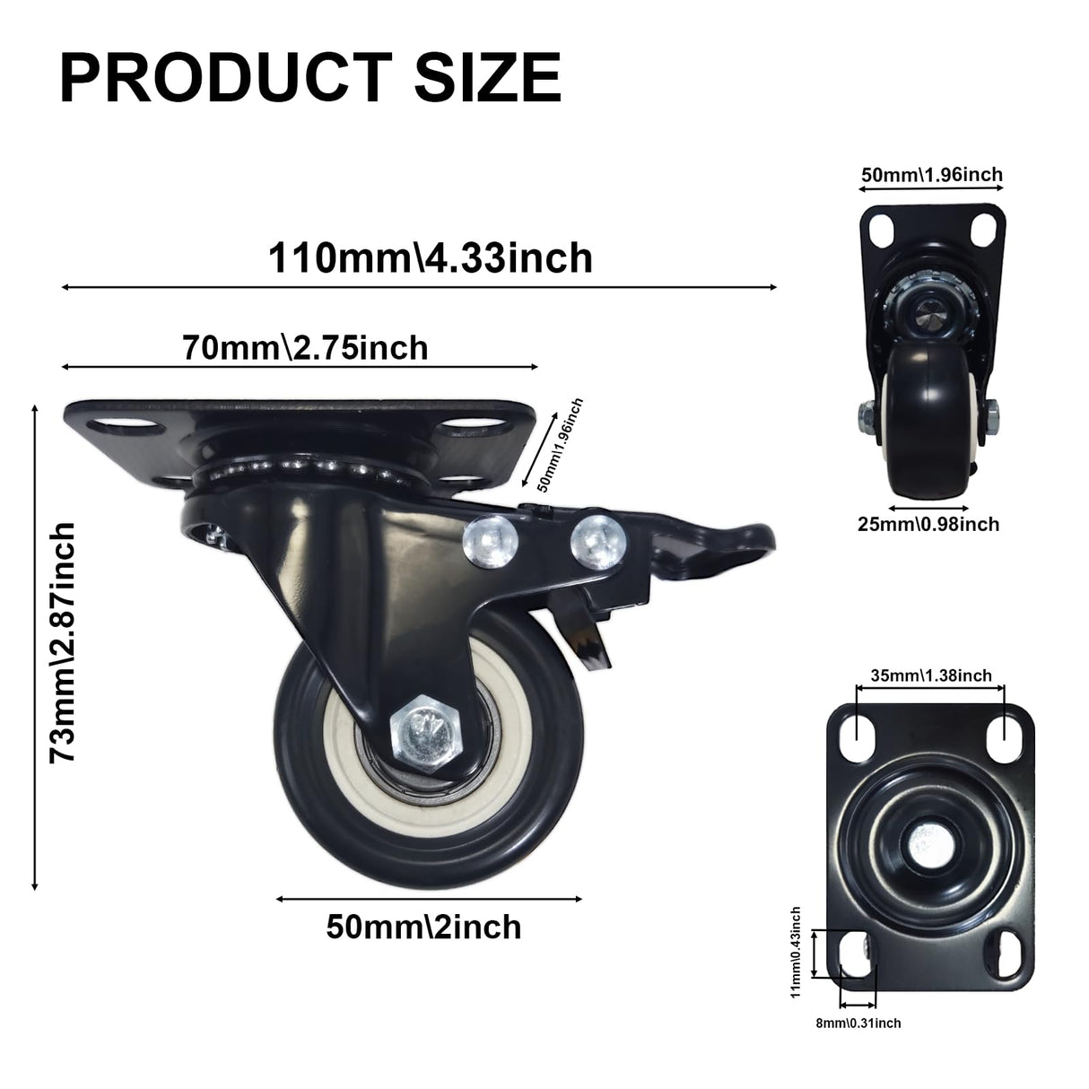 Htudcoue 2 Inch Wheel Casters,Set of 4 Heavy Duty Casters,with Brake,No Noise Locking Polyurethane (PU) Wheels, for Furniture and Workbench Load 800lbs Htudcoue