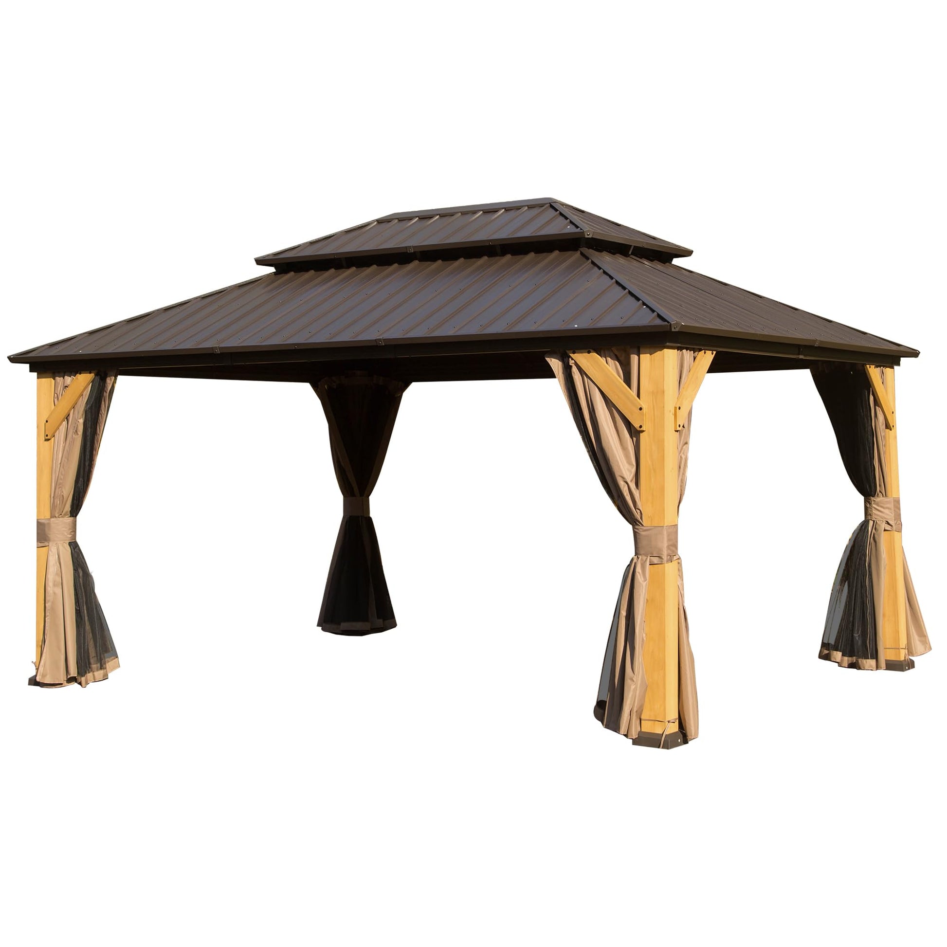 10x14ft Cedar Wood Gazebo, Solid Wood Hardtop Gazebo with Galvanized Steel Double Roof, Netting & Curtains, Outdoor Gazebo for Patio, Backyard, Deck, Lawns (Brown-06) - WoodArtSupply