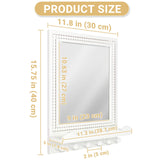 Tirzah 16x12 Inch Wall Mount Beaded Wood Framed Mirror with Shelf and 6 Hooks, White Decorative Entryway Mirror with Storage for Laundry Room, Bathroom, Bedroom Tirzah