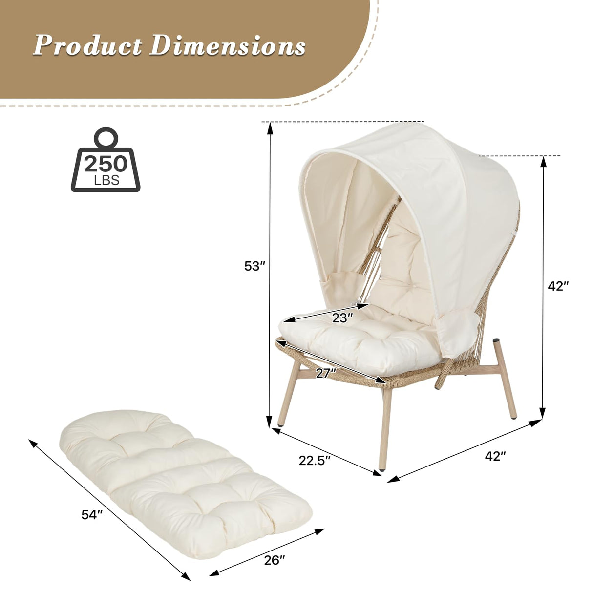 Athena Collection Patio Wicker Egg Chair with Folding Canopy, All-Weather Rattan Patio Lounge Chair with Sun Shade, Balcony Furniture Outside Seating for Front Porch, Garden, Poolside, Outdoor, Beige Athena Collection