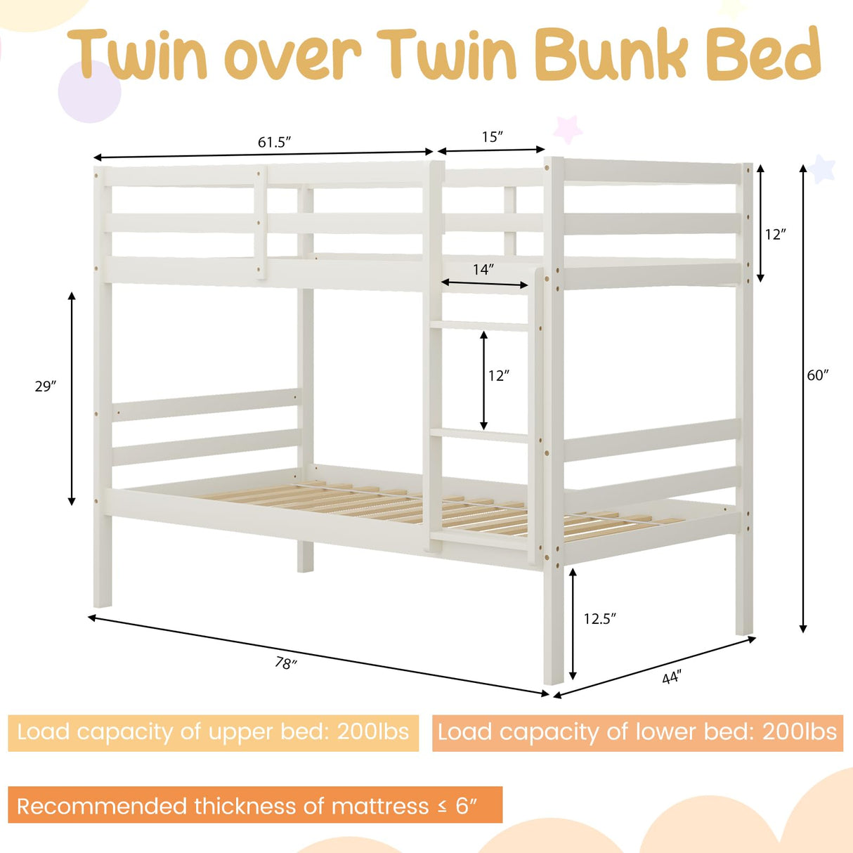 Giantex Bunk Bed Twin Over Twin White, Solid Wood Bunk Bed with Sturdy Ladder & 12 Inch Safety Guard Rails, Twin Size Wood Bed Frame for Dormitory, No Box Spring Needed, Bunk Beds for Kids Teens Giantex