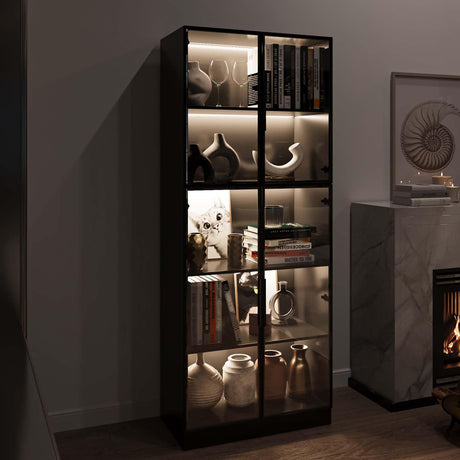 Jiaoun Display Cabinet with Glass Doors and LED Light, Black Curio Cabinets, Bookcase with 5-Tier Shelves, Trophy Glass Display Case for Collectibles (31.5 "W x 16.5 "D x 78.7 "H) Jiaoun