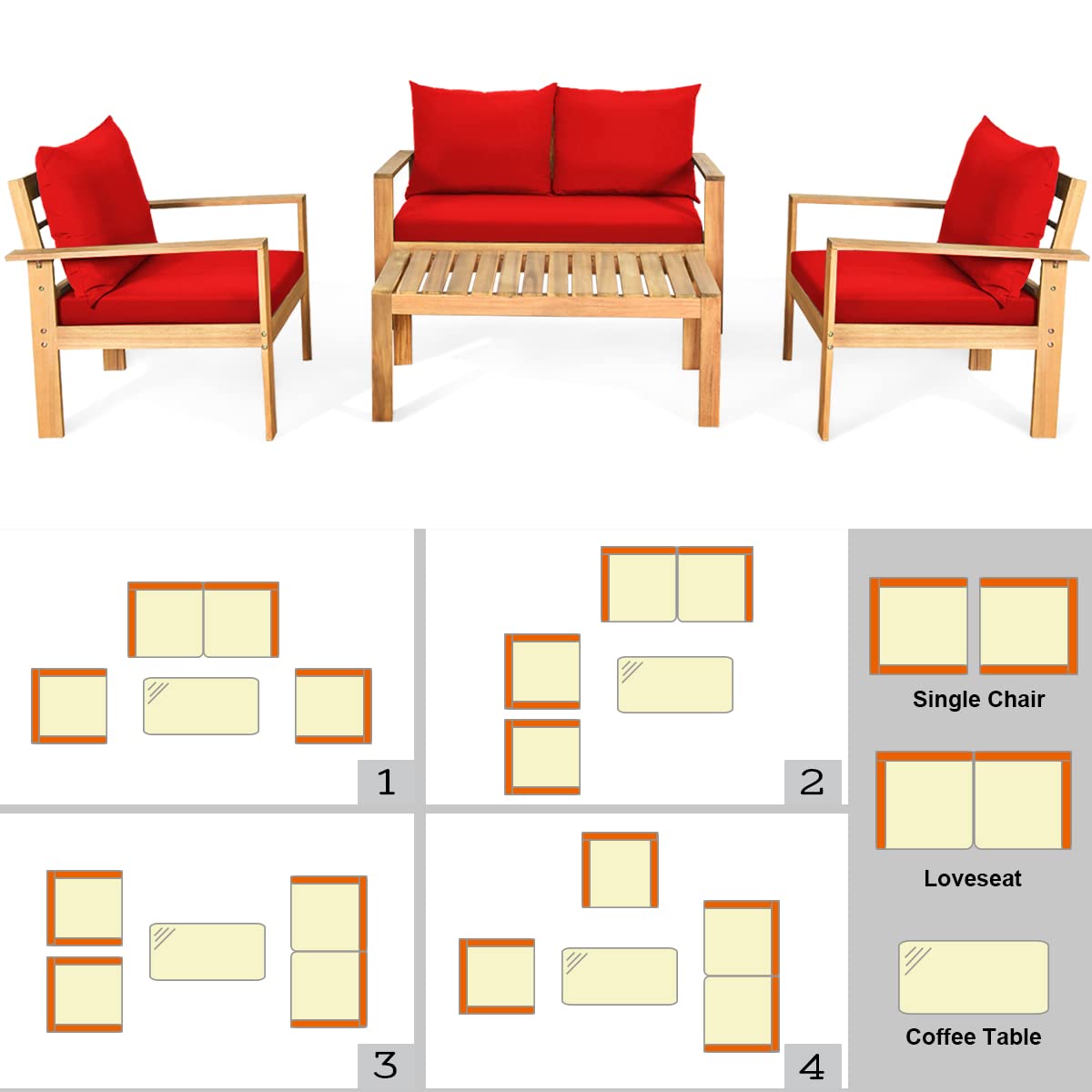 COSTWAY 4 Pieces Outdoor Acacia Wood Sofa Set, Outdoor Conversation Sofa Set with Table & Cushions Porch Chairs for Garden, Patio, Deck - WoodArtSupply