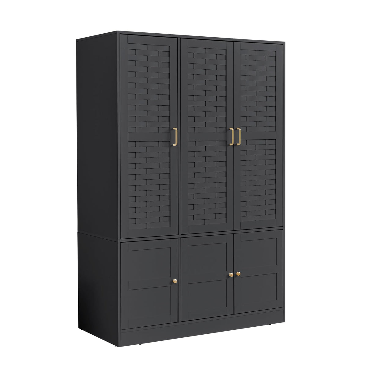LEVNARY Wardrobe Closet with 6 Woven Doors, Walnut Armoire Wardrobe Cabinet for High Storage Capacity with Adjustable Shelves and Hanging Rail, Freestanding Tall Bedroom Closet (Black) LEVNARY