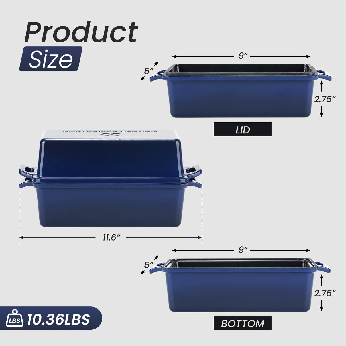Northriver Casting 2 in 1 Enameled Cast Iron Bread Pan with Lid, Perfect Bread Oven, Loaf Pans for Baking Homemade Sourdough Bread 9x5, 2 Piece set, Navy Blue Northriver Casting