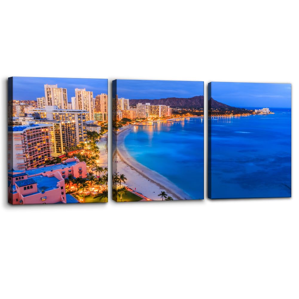 Pacimo Framed Wall Art Decorations Hawaii Cityscape Painting Print on Canvas Honolulu Diamond Head Mountain Skyline Modern Artwork for Home Office Gallery Wrapped Ready to Hang - 12"x16"x3 Panels Pacimo