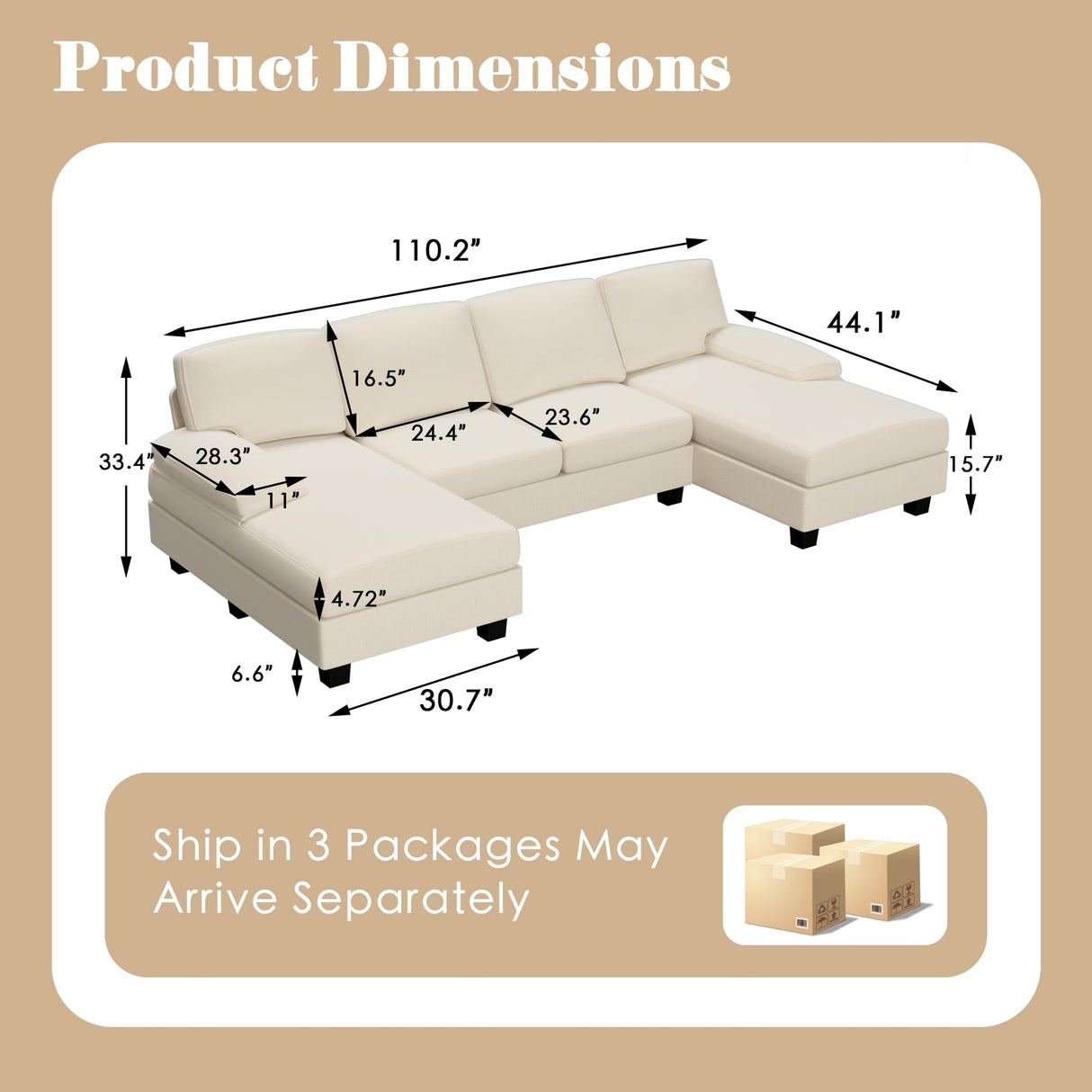 Furniwell Convertible Sectional Sofa Couch, 4 Seat Sofa Set for Living Room U-Shaped Modern Fabric Modular Sofa Sleeper with Double Chaise & Memory Foam (Fabric, White) Furniwell