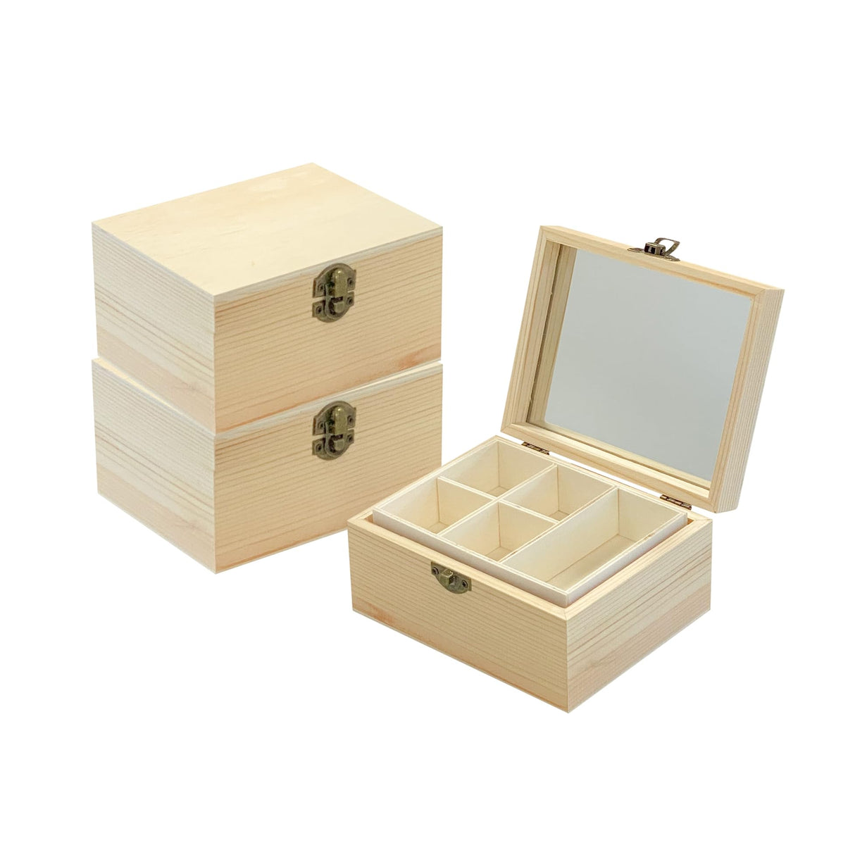3 Pack Unfinished Surface Wood Jewelry Box (6x4.7x3 in) Small Wooden Chest Case with Glass Mirror Cregugua