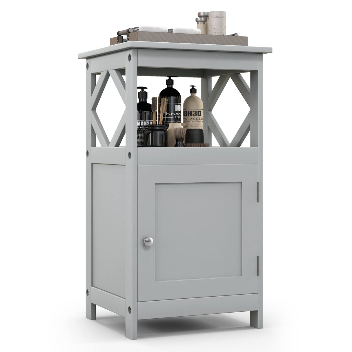 Tangkula Bathroom Floor Cabinet, Single Door Storage Cabinet with Diamond Frame Open Shelf, Anti-Toppling, Freestanding Bathroom Storage Narrow Side Cabinet for Bathroom Living Room (Grey) Tangkula