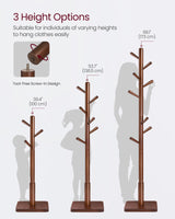 VASAGLE Solid Wood Coat Rack, Free Standing Hall Coat Tree with 8 Hooks, 3 Height Options, for Coats, Hats, Bags, Purses, for Entryway, Hallway, Rubberwood Hooks and Pole, Dark Walnut URCR010W01 VASAGLE