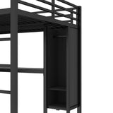 Queen Loft Bed Frame with Wardrobe and Storage Cubes, Queen Size Loft Bed with Desk and Storage Shelf, Heavy Duty Loft Beds with Guardrail, Noise Free Design, Adult Loft Bed Frame, Black Bellemave