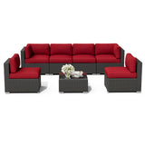 Oakcloud 7-Piece Outdoor Patio Furniture Sofa Set Black Rattan Wicker Sectional Conversation Sets with Glass Top Table and Cushions(Red) Oakcloud