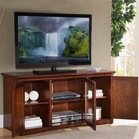 Leick Home 82350 Solid Wood Mission Oak Three Door TV Stand For 55" TVs Universal TV Console Living Room Storage Shelves Entertainment Center, Mission Oak Leick Home