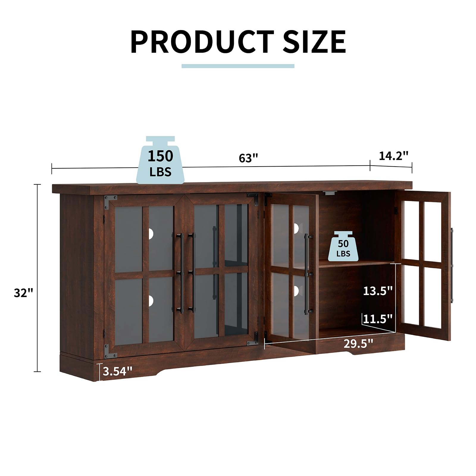 LUXOAK 63" Farmhouse TV Stand with 4 Glass Doors, Modern Buffet Sideboard Cabinet with Storage, Entertainment Center with Adjustable Shelf for TV's up to 75", Espresso - WoodArtSupply