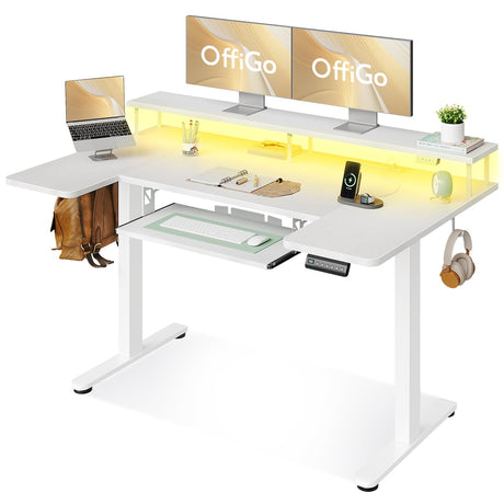 OffiGo U Shaped Electric Standing Desk with Keyboard Tray, 55 Inch Height Adjustable Desk with Power Outlets & LED Lights, Sit Stand Table with Monitor Stand for Home, Office, White OffiGo