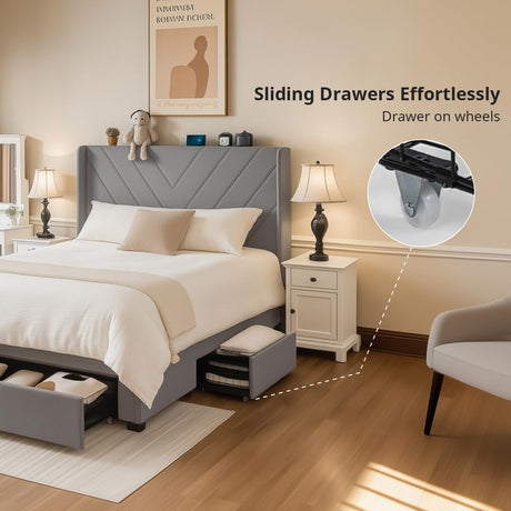 COMHOMA King Bed Frame with Headboard and USB & Type-C Charging Ports,Storage Drawers,Modern Upholstered Platform Frames with Padded Headboard, Heavy Duty Structure,No Box Spring Needed,Grey COMHOMA